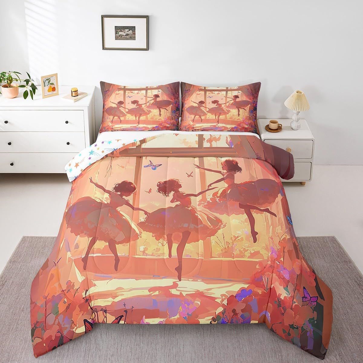 jejeloiu Kids Ballet Comforter Set Toddler Size Little Ballerina Dancers Comforter for Boys Girls Cute Princess Themed Bedding Set Duvet Set Room Decor Quilt Set