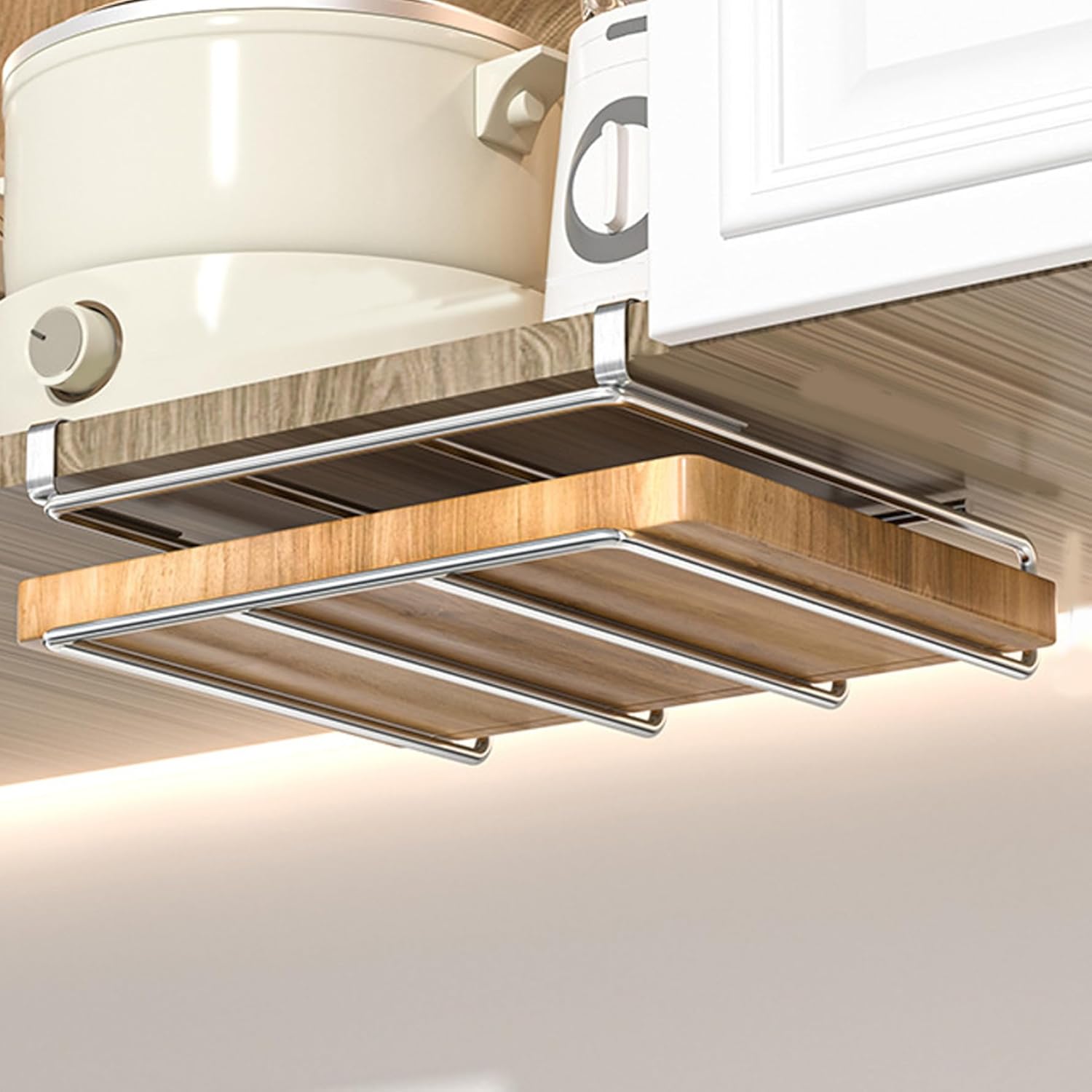 Yeory Under Cabinet Cutting Board Holder Stainless Steel Polished Cutting Board Rack Punch-free Smooth Cutter Board Holder Vertical Horizontal Cutting Board Hanger, without Pan Lid Holder