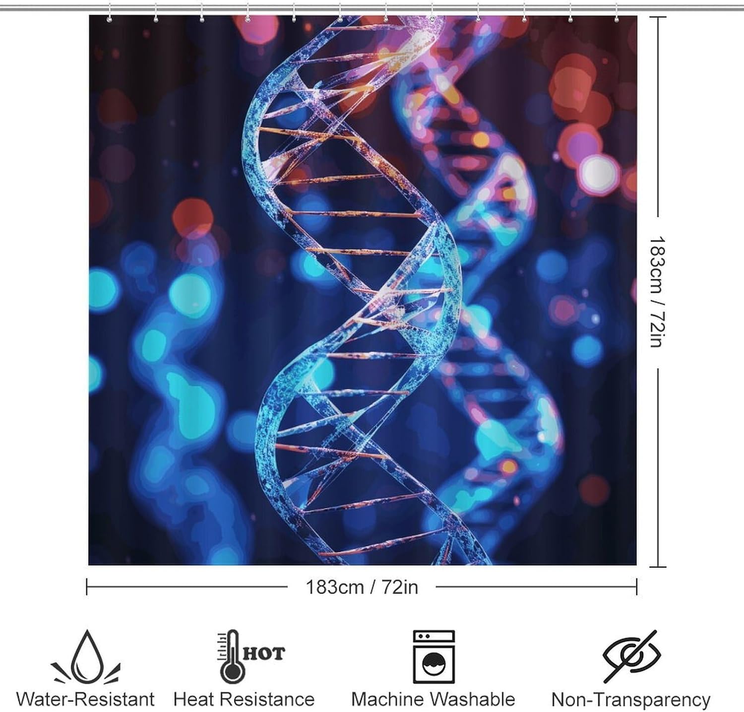 DNA Genetic Helix Shower Curtain Set 4 Piece, Non-Slip Bath Mat with Toilet Lid Cover and Waterproof Shower Curtain with 12 Hooks, Complete Bathroom Set for Home Decor