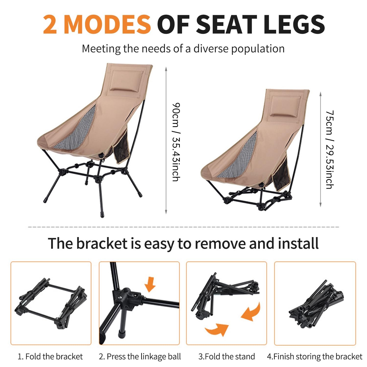 Sedie Campeggio Pieghevoli, Leggera Sedia da Campeggio, Sedia Pieghevole Portatile con Custodia Laterale,Max 150kg, Sedia Leggera per Campeggio, Pesca, Picnic, Festival (Cachi)