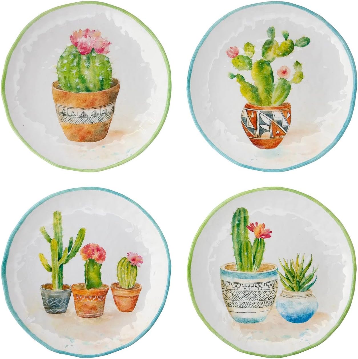 UP UPware Cactus Melamine Salad Plates, Round Plates Set, Colorful Succulent Plant Designs, BPA-Free, Durable, Dishwasher Safe, Outdoor or Everyday Use, Multicolor, 9 Inches, Set of 4