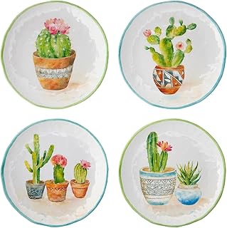 UPware Cactus Melamine Salad Plates, Round Plates Set, Colorful Succulent Plant Designs, BPA-Free, Durable, Dishwasher Safe, Outdoor or Everyday Use, Multicolor, 9 Inches, Set of 4