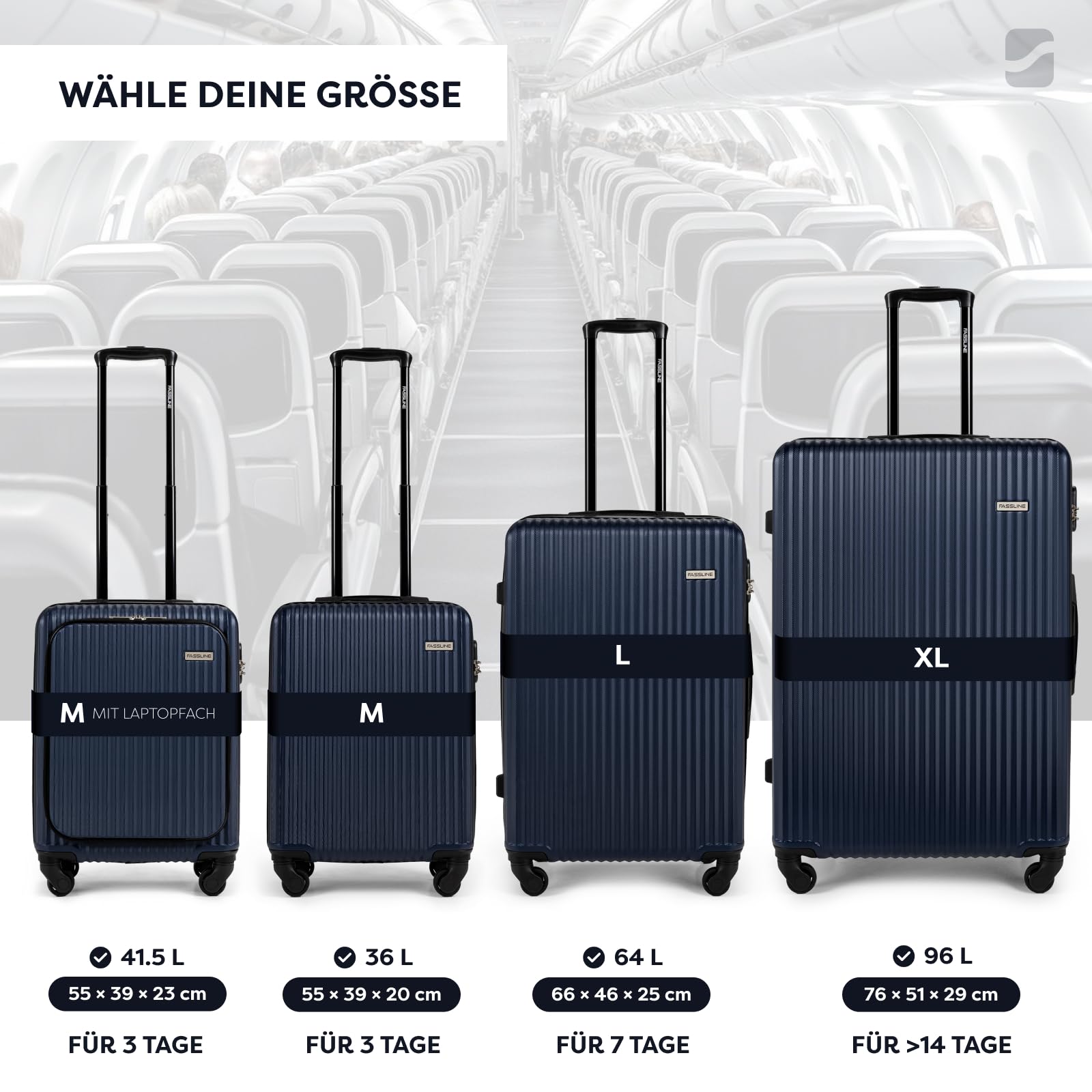 Kofferset 3 stück, Trolley Set Handgepäck und Reisegepäck, Kabinenkoffer, Mittel und Großer Koffer Hartschale aus ABS, Vier 360°-Spinner-Rollen, Zahlenschloss, Teleskopgriff, Dunkelblau