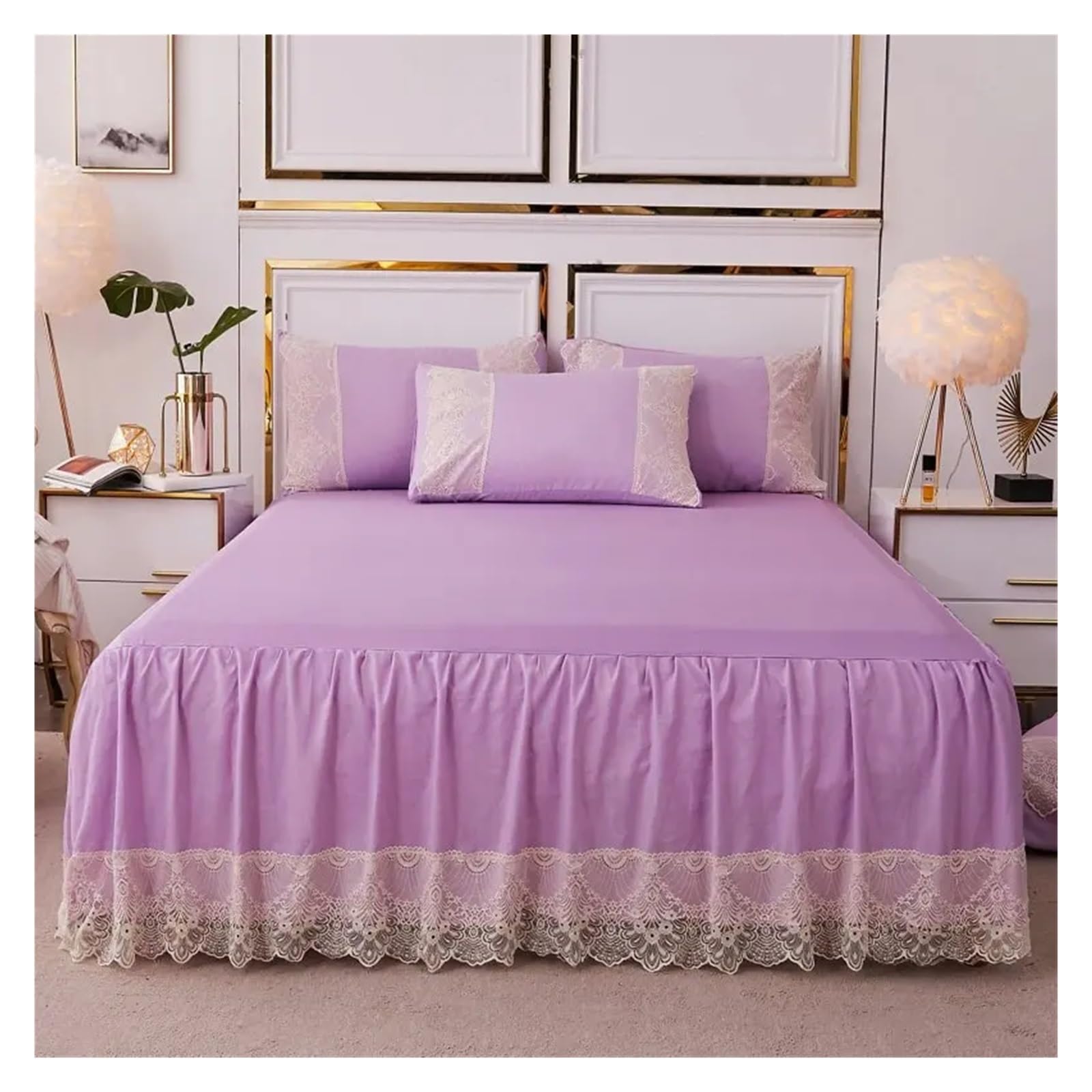 Washed Lace Bed Skirt With Pillowcases Bedding Bedspreads Sheet Solid Color Lace Bedding Set(05,180x200cm 3pcs)
