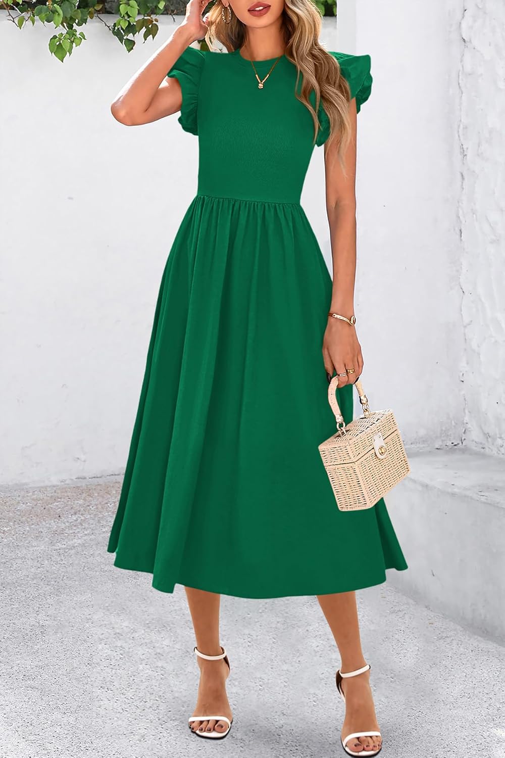 CFLONGE Women's Casual Short Puff Sleeve Summer Dresses for Women 2025 High Waist Casual Flowy A Line Midi Dress with Pockets - Image 4