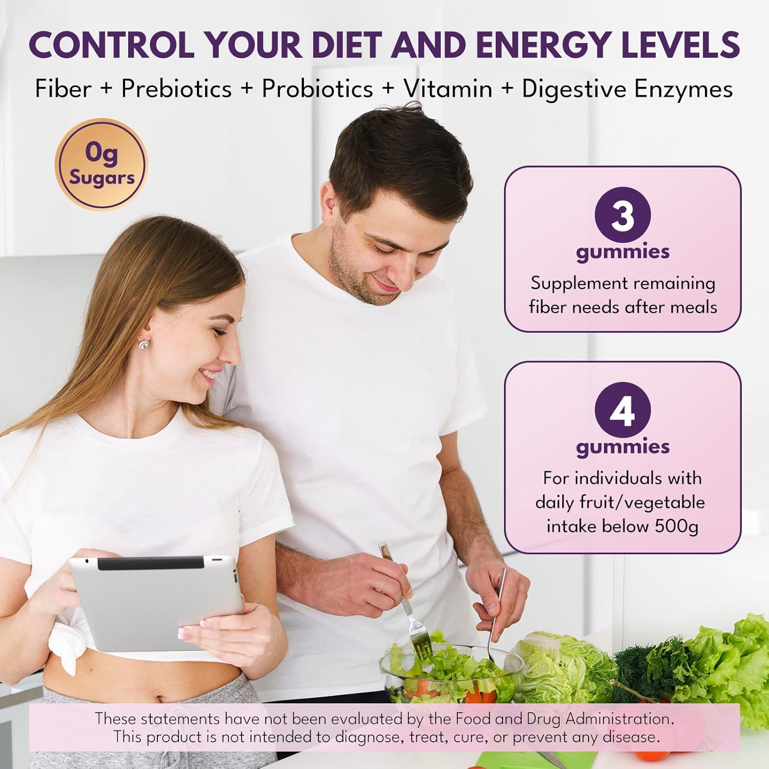 Fiber Gummies for Adults - Sugar Free Fiber Supplement 7g All in 1, Probiotic 60 Billion CFU & Prebiotic with Digestive Enzymes, Inulin, Psyllium, Vitamin, Support for Gut & Digestive Health, 90 Ct - Image 8