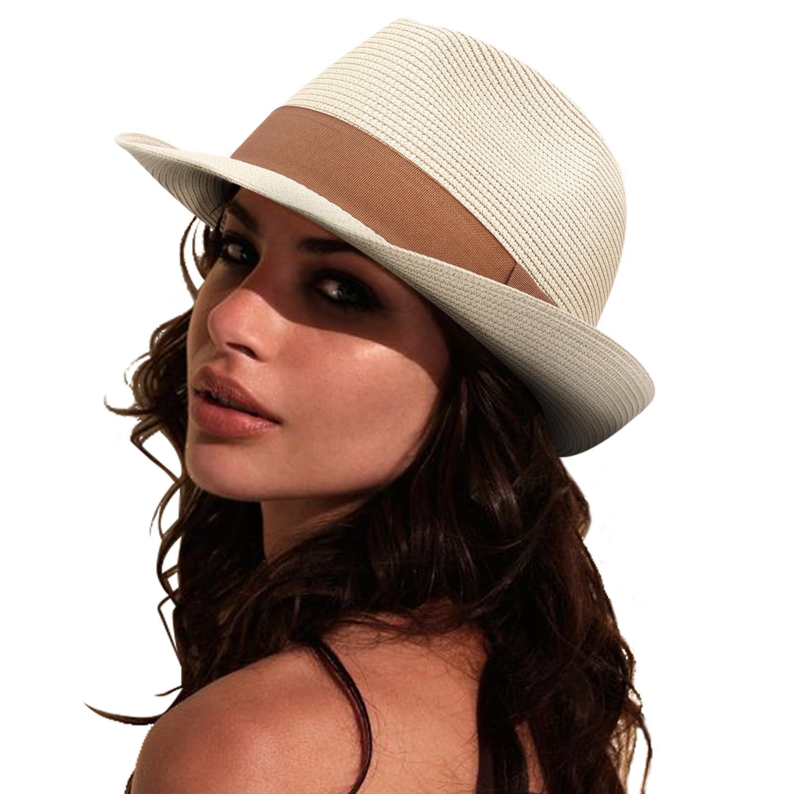 DRESHOW Women Straw Panama Hat Travel Fedora Beach Sun Hat Summer Wide Brim Straw Roll up Hat UPF 50+