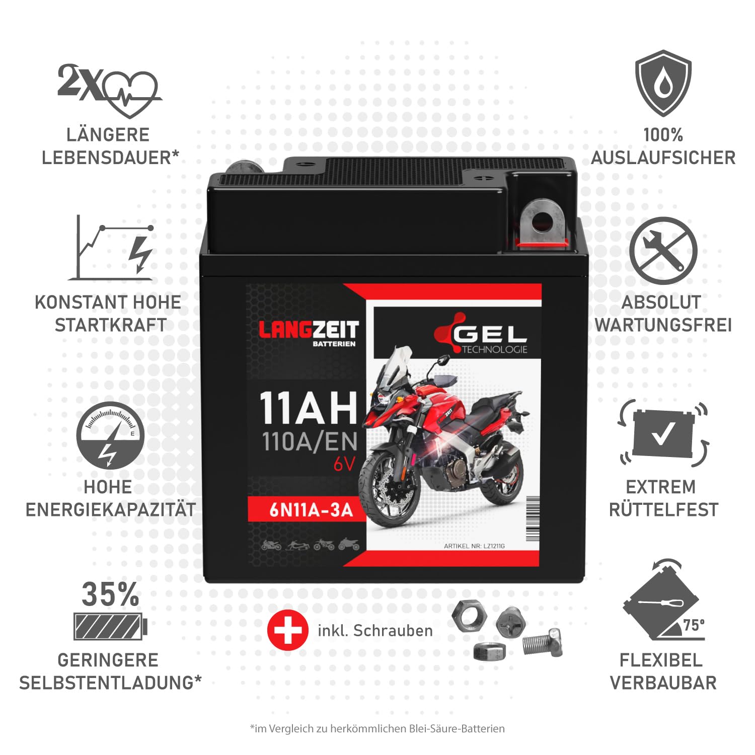 LANGZEIT 6N11A-1B Motorradbatterie GEL 6V 11Ah 110A EN 1211