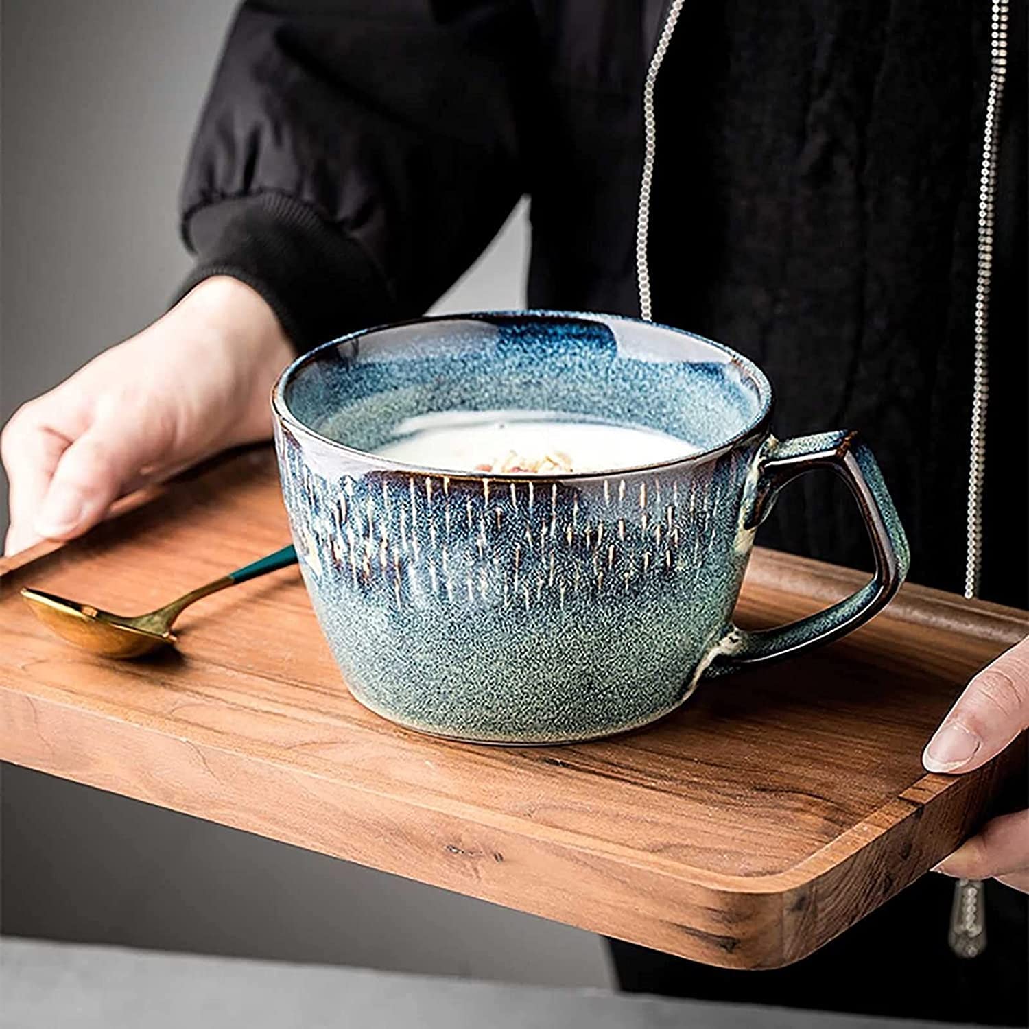 Uchwyt kubka na zupę Miska na zupę Ceramiczna miska na płatki owsiane, 23 uncje, z uchwytem, ​​do zupy, kawy, mleka, herbaty, owoców, śniadania(Mug With Spoon)