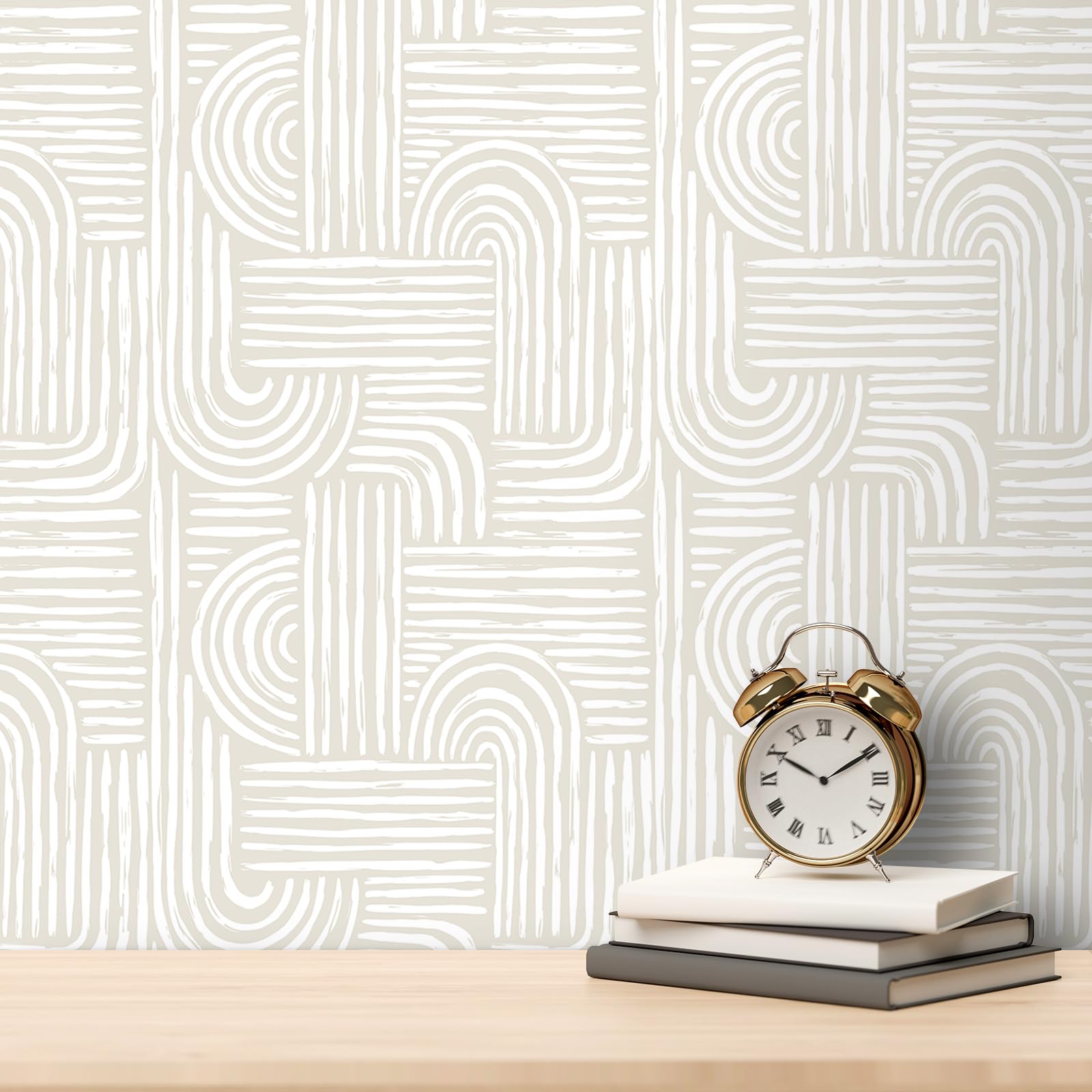Decotalk Carta da Parati Camera da Letto Beige Mid Century Modern 44.5X900cm Carta da Parati Geometrica Boho Modello ad Arco Peel and Stick Wallpaper per Soggiorno Bagno Scala Sala da Pranzo Corridoio