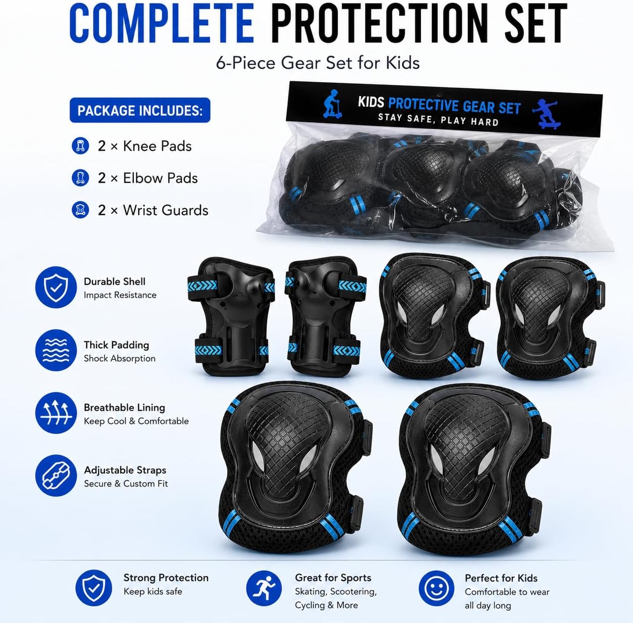 Kids Protective Gear Set, S Size Knee Elbow Pads and Wrist Guards for Toddler Boys Girls Ages 3-6, Adjustable Safety Gear for Skateboard, Scooter, Bike, Roller Skating