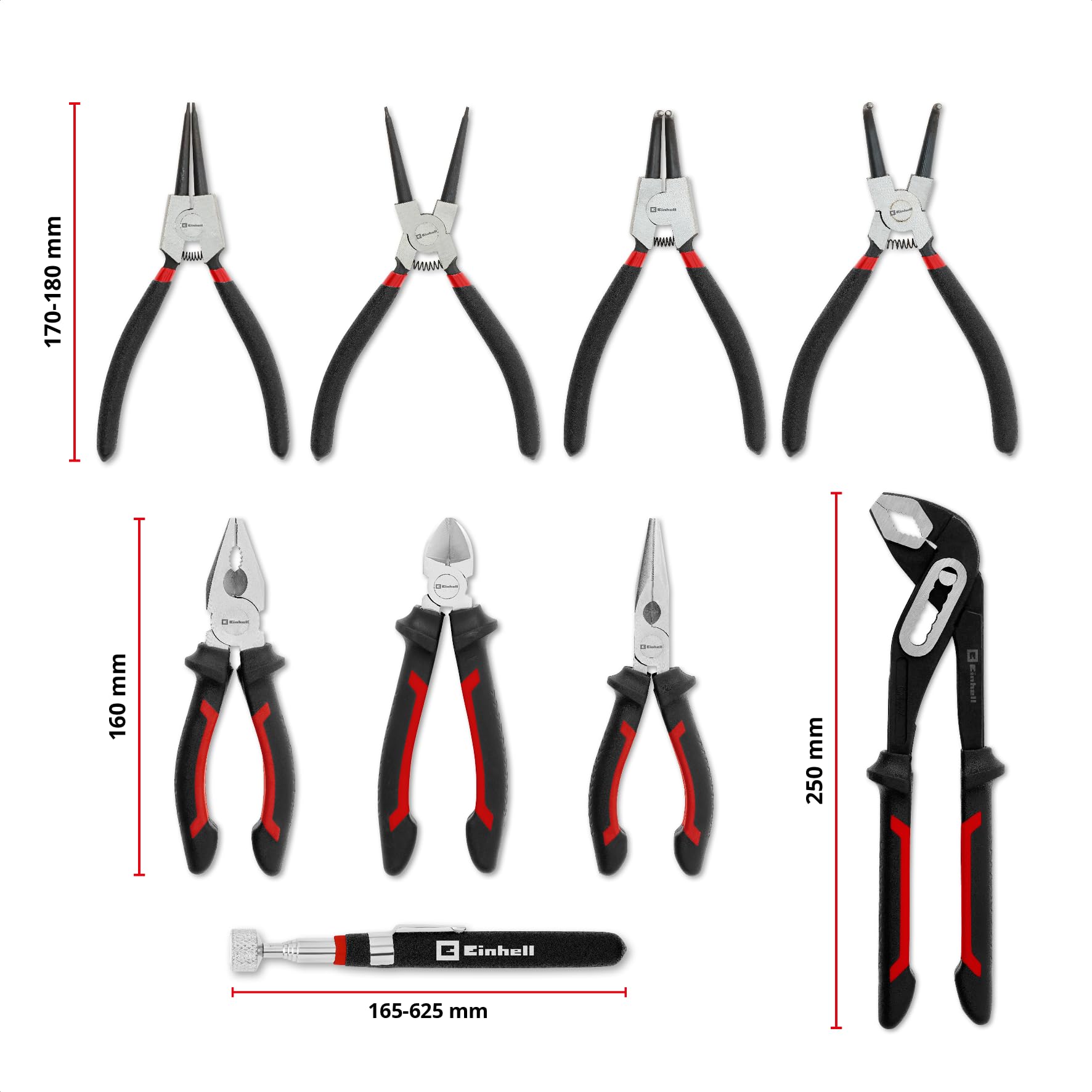 Original Einhell E-Case Pad 9 pièces pinces (set de pinces à circlips, pince multiprise, pince universelle, pince à bec long, pince coupante, aimant télescopique, système E-Case)
