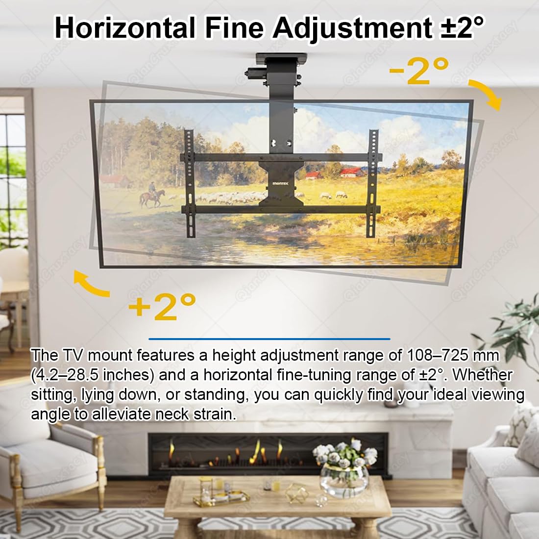 Soporte TV Techo Motorizado Abatible, Elevador Eléctrico para Pantallas Planas y Curvas de 43-65 Pulgadas, VESA 600x600 mm, Ángulo 0-90°, Doble Control (Mando a Distancia+Interruptor)