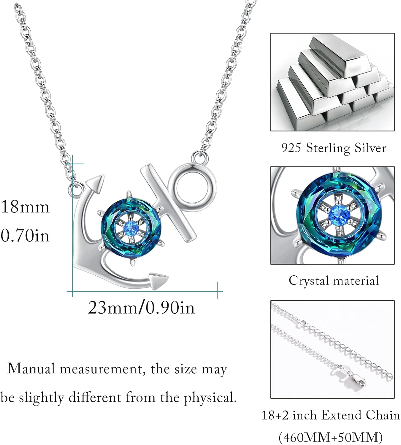 Anchor Necklace for Women, 925 Sterling Silver Boat Anchor Ocean Sailor Necklace, Austrian Circle Crystal Nautical Jewelry Blue Ship Wheel Pendant Inspirational Gifts for Best Friend - Image 4