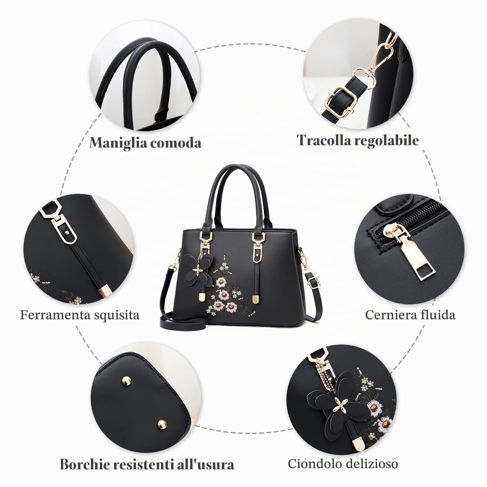 FANDARE Borse a Mano Ricamata Borse a Spalla da donna Impermeabile Borse a Tracolla PU Pelle Borse Tote Borse Messenger per Shopping Viaggio Lavoro Incontri Verde