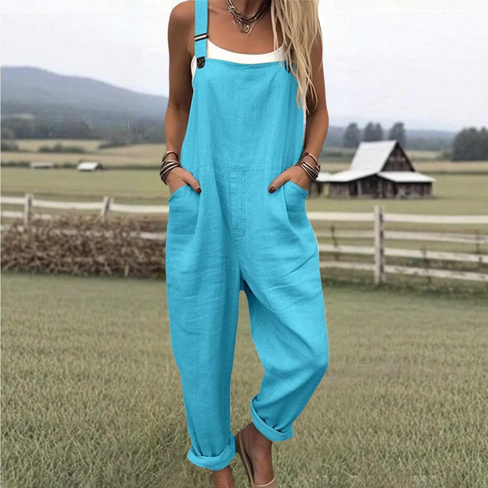 Generico Salopette Donna Estiva Lunga Elegante Tuta Jumpsuit Intera Curvy Casual Moda Stampa Jumpsuits Comoda Larga Pantaloni Da Lavoro Con Tasca Leggera Baggy Salopettes da Casa, Playsuit Spiaggia