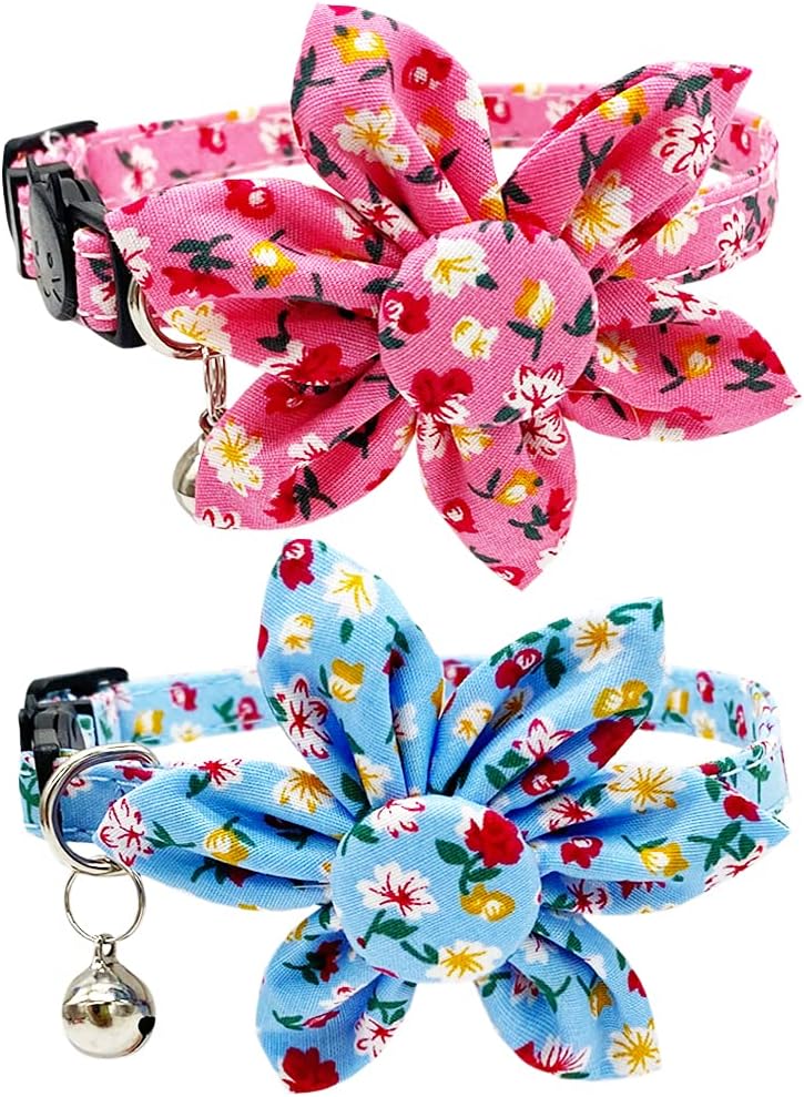 Covoroza, 2 Pack Breakaway Cat Collar with Flower and Bell Adjustable Floral Kitten Collars Quick Release Buckle Pink and Blue