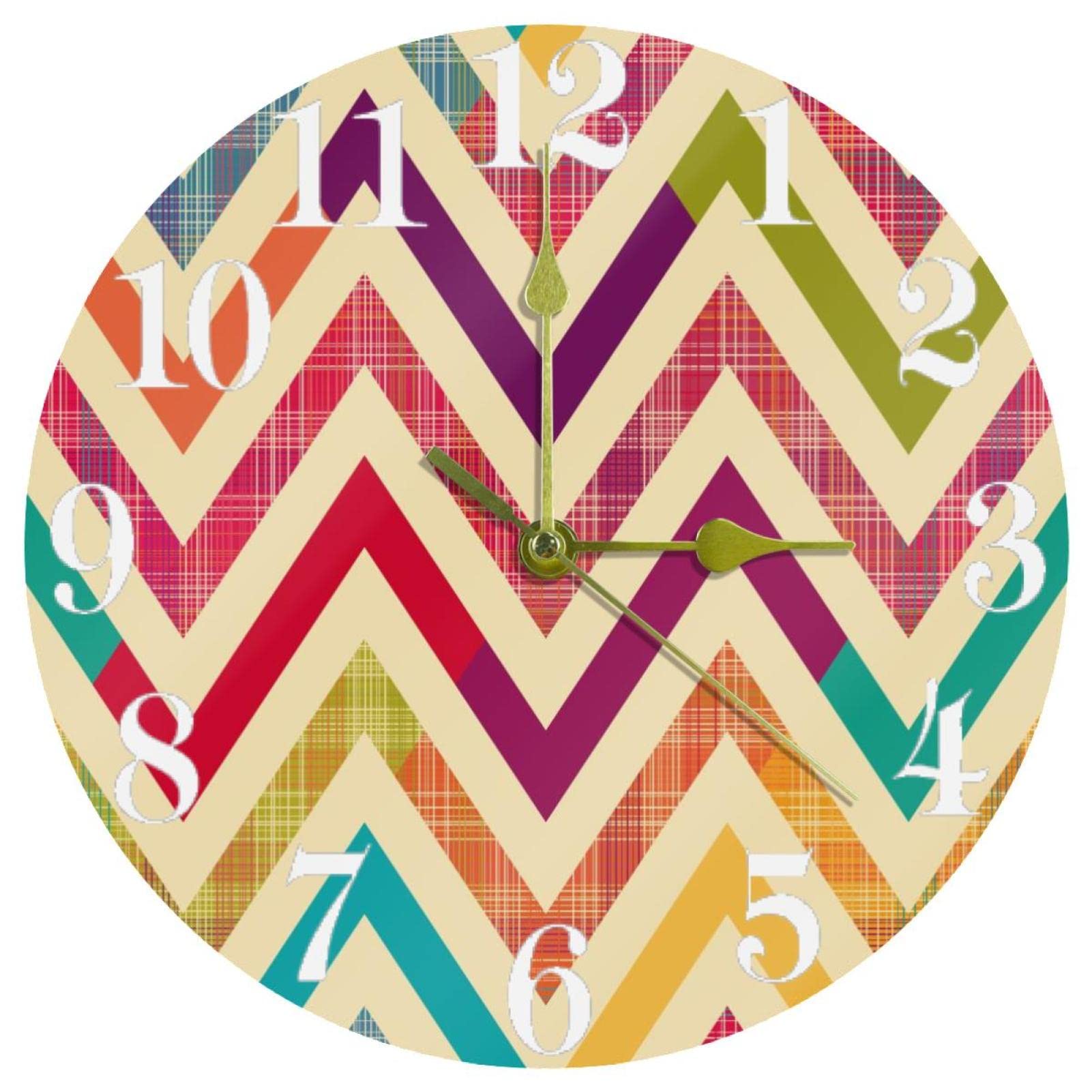 Horloge murale géométrique zigzag multicolore et ronde de 25,4 cm sans aucun bruit