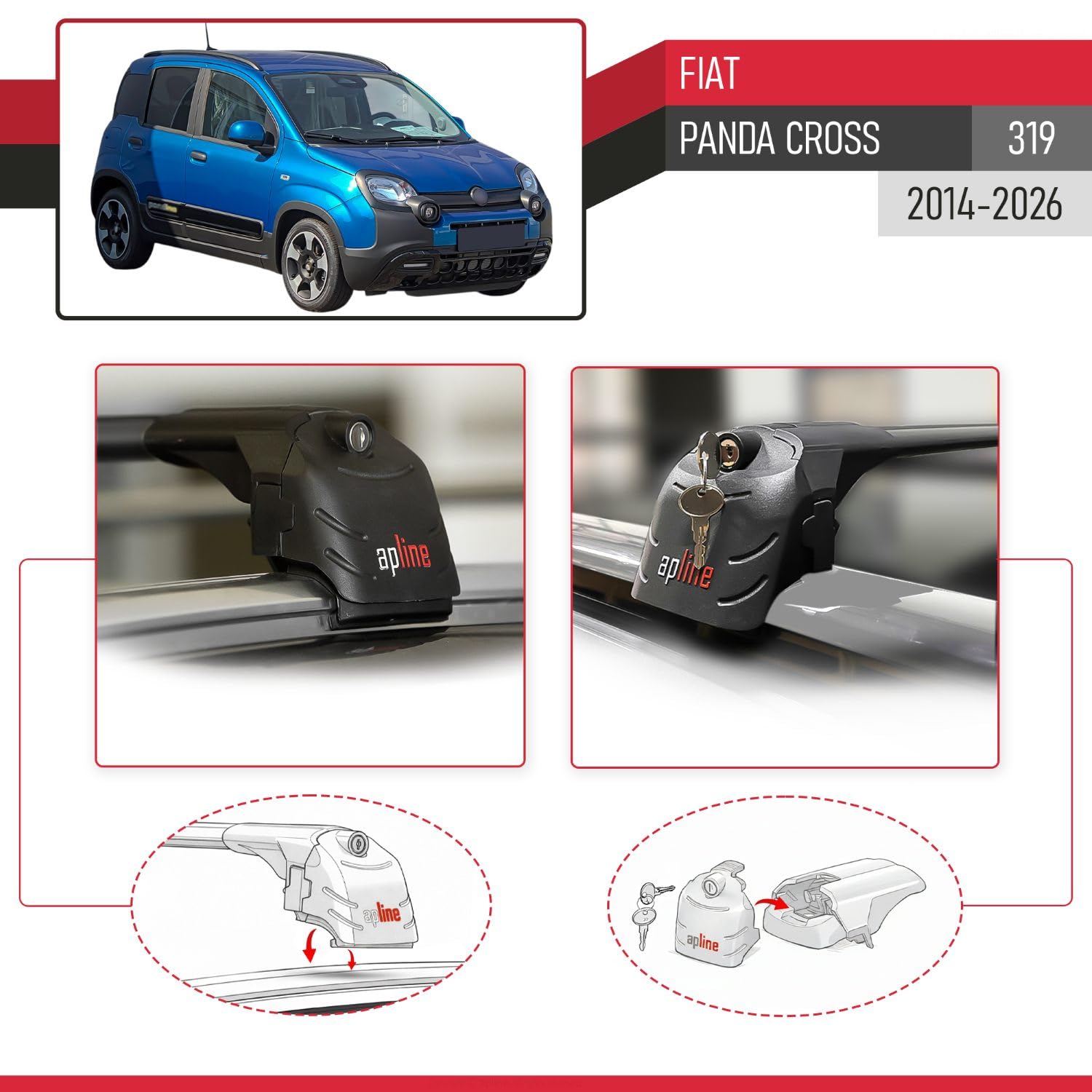 Compatibile con Fiat Panda Cross (319) 2014-2026 Modello ACE-2 Barre Tetto Portapacchi Auto Barre Portatutto Nero Alluminio 2 Barre