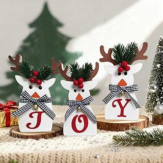 3Pcs Reindeer Christmas Decoration Table Wooden Reindeer Decor with Handmade Cherry Branch Bell Xmas Centerpiece for Tiered Tray Kitchen Office Mantel Desk Tabletop Indoor White Elk Joy Sign