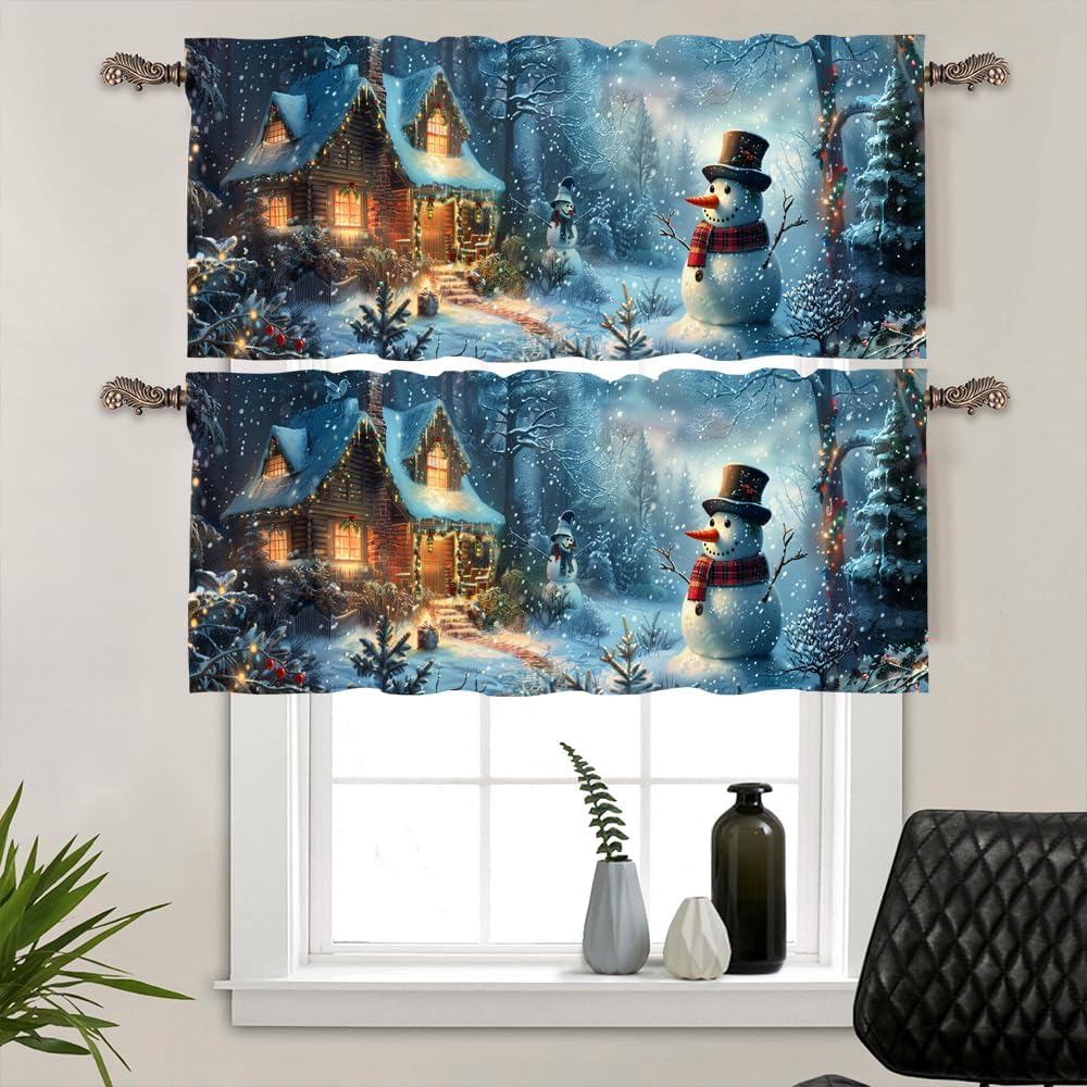 2 Panels Rustic Cabin Snowman Curtain Valance for Windows, Christmas Themed Rod Pocket Short Window Treatment Decor Drapes for Kitchen, Bathroom, 54" X 18"