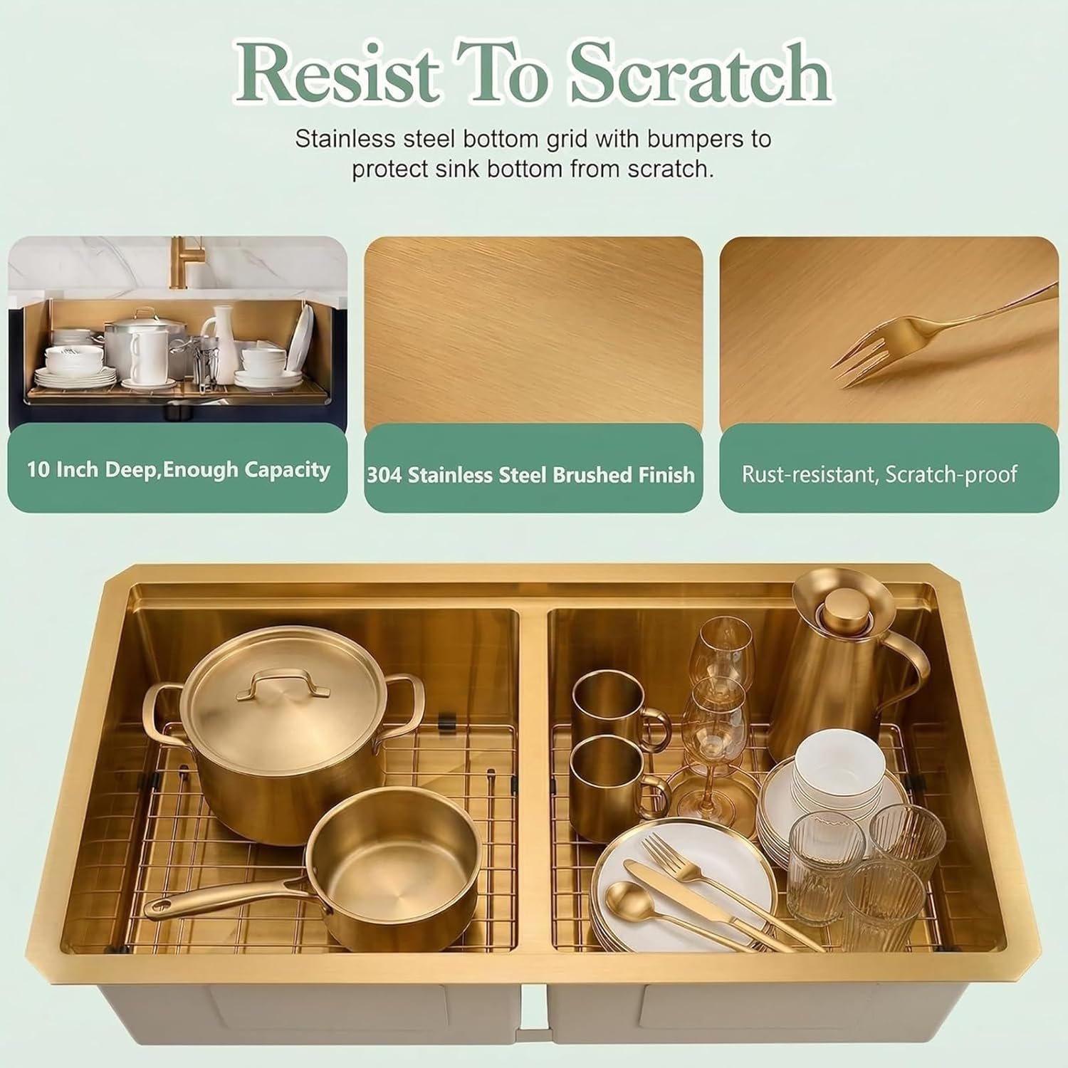 Gold Undermount Double Kitchen Sink, 16 Gauge SUS304 Stainless Steel Kitchen Sinks,50/50 Features All In One Workstation Sinks with Accessories, 30"x 18" x 10" Large and Deep Gold Double Sink