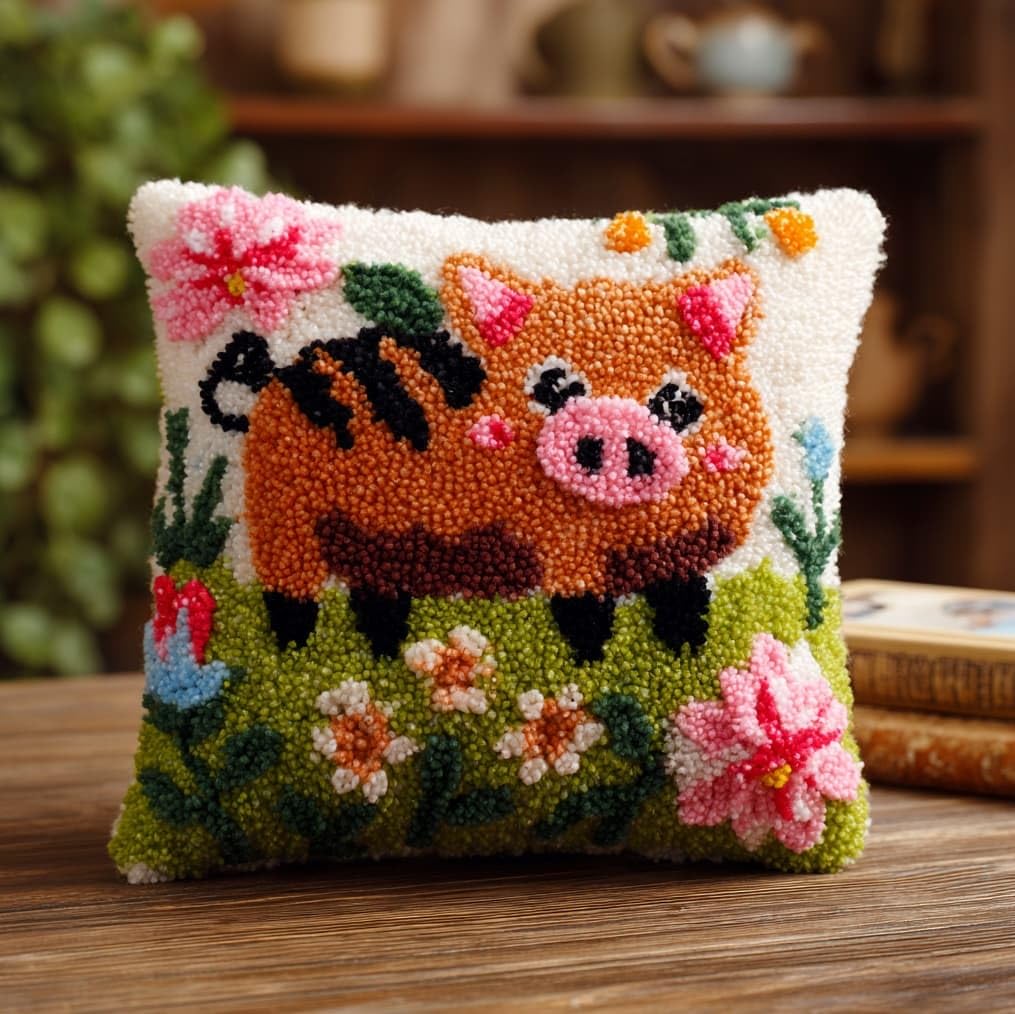 AxiangziK Creative Latch Hook Pillow Kit,Wild Boar and Flowers