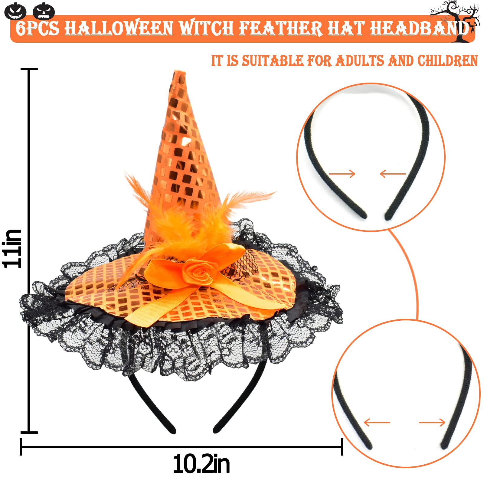 ZeeDix 6 Pcs Halloween Witch Feather Hat Headband- Cute Witch Headpiece for Halloween Costume Dress up Masquerade Supplies(Orange, Purple, Black)