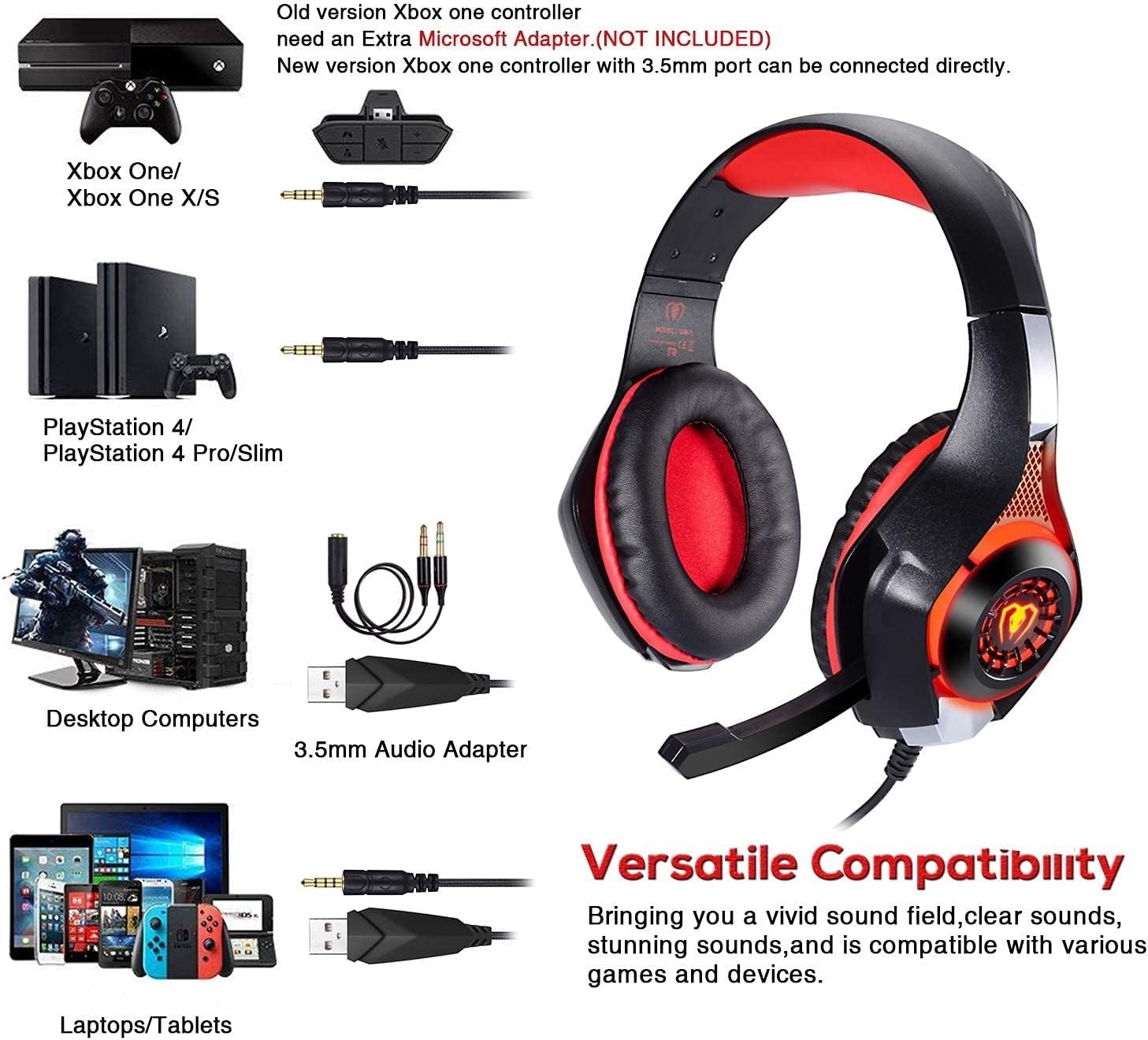 BlueFire Cuffie Gaming per Xbox one, Cuffie da Gioco con 3.5mm Jack LED e Microfono Insonorizzato,Bass Stereo Audio Surround Cuffie da Gaming per PS4/ PS5/ Xbox/PC/Laptop (Rosso)