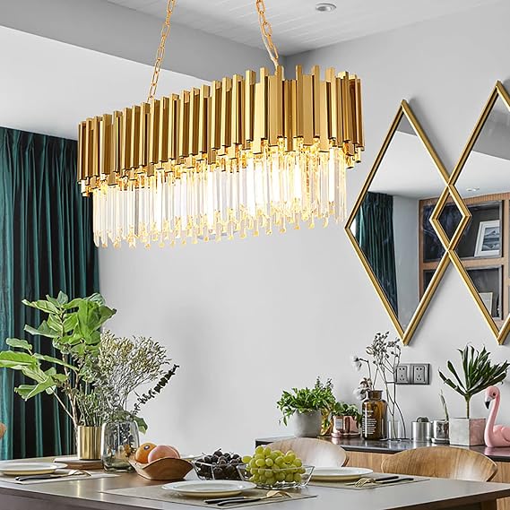 Modern Crystal Chandelier,Luxury LED Pendant Light Fixture Oval Raindrop Chandelier Adjustable Height for Villa Hotel Living Room Dining Room Kitchen Island-Gold 80x30cm