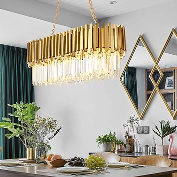 Modern Crystal Chandelier,Luxury LED Pendant Light Fixture Oval Raindrop Chandelier Adjustable Height for Villa Hotel Living Room Dining Room Kitchen Island-Gold 80x30cm