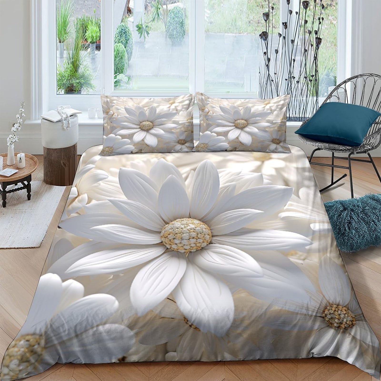 GUYDZOOM Daisy Duvet Cover Set 3 PCS Hotel Quality Quilt Cover Bed Sets Bed Covers with Pillowcases with Zipper Closure Hypoallergenic Soft Breathable Microfiber Double（200x200cm）