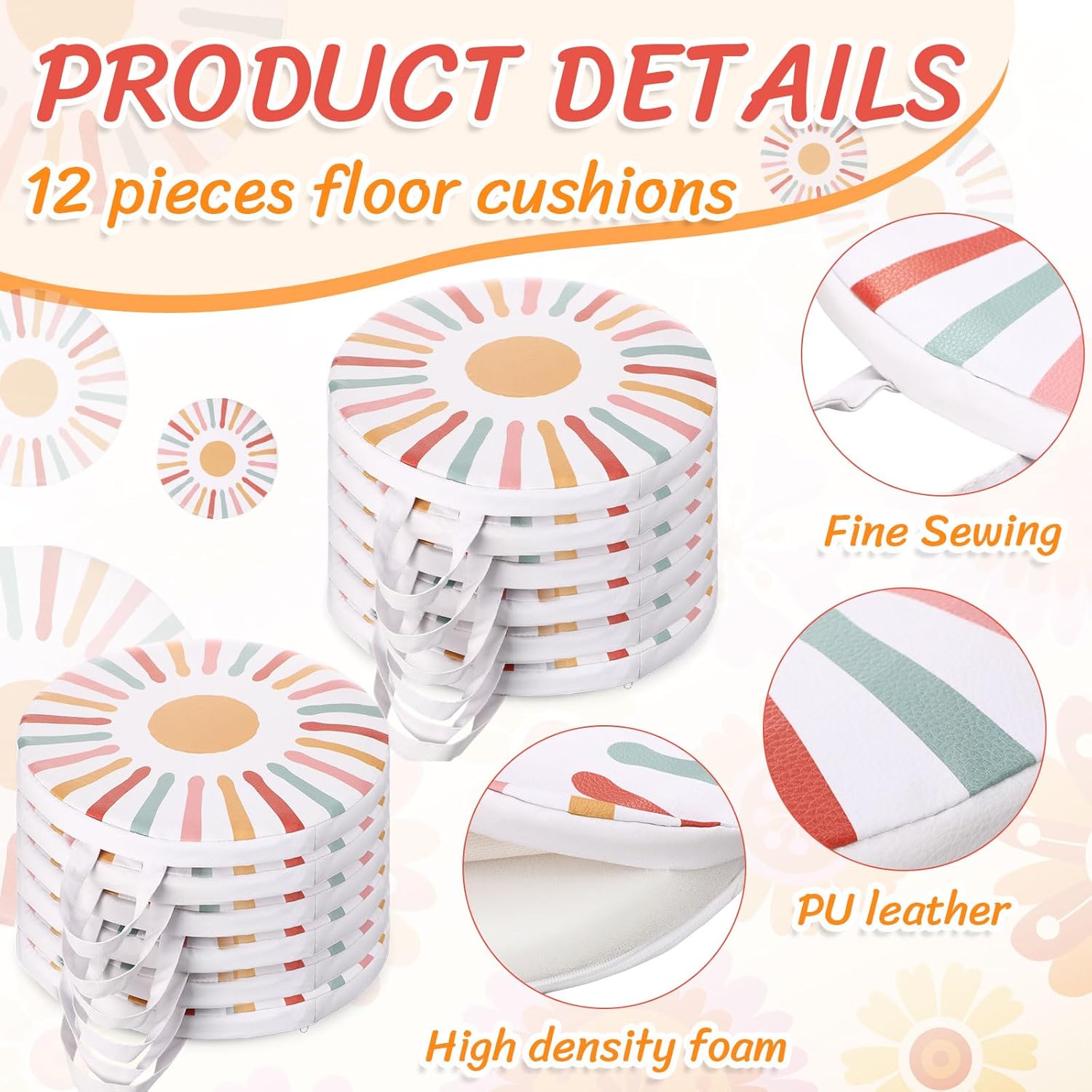 12 Pcs 12 Inches Floor Cushions for Classroom Boho Round Flexible Seating Pads with Handles Bohemian Floor Pillows for Home Daycare Preschool Playroom Reading Corner Yoga and Meditation