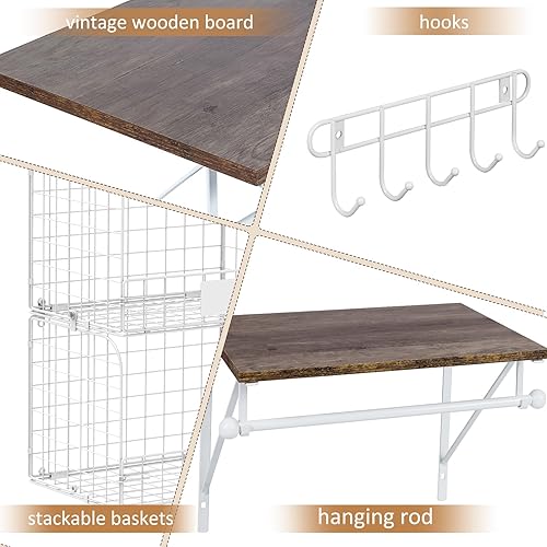 Miniatura 6 de Juego de 2 estantes montados en la pared para cuarto de servicio con cestas de almacenamiento de alambre, lavadora y secadora con varillas y ganchos
