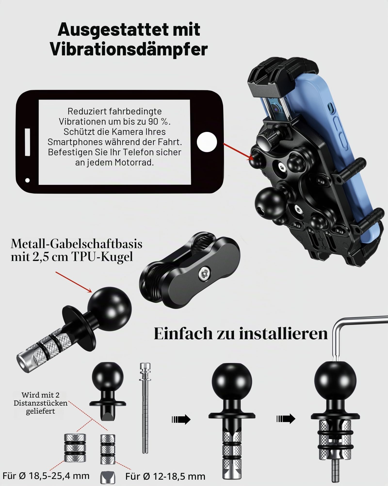 BRCOVAN Motorrad Gabelvorbau Handyhalterung mit Vibrationsdämpfer und Hochgeschwindigkeits-Sicherheitsschloss, Diebstahlsichere Motorrad Handyhalter Verstellbar für 5,4-7,2 Zoll Smartphones