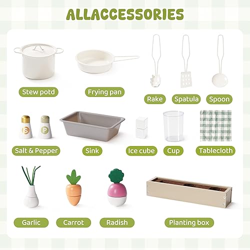 Miniatura 8 de ROBUD Juego de cocina de madera, cocina de juego de simulación para niños, cocina de juguete con microondas, fregadero, estufa y máquina de hielo,