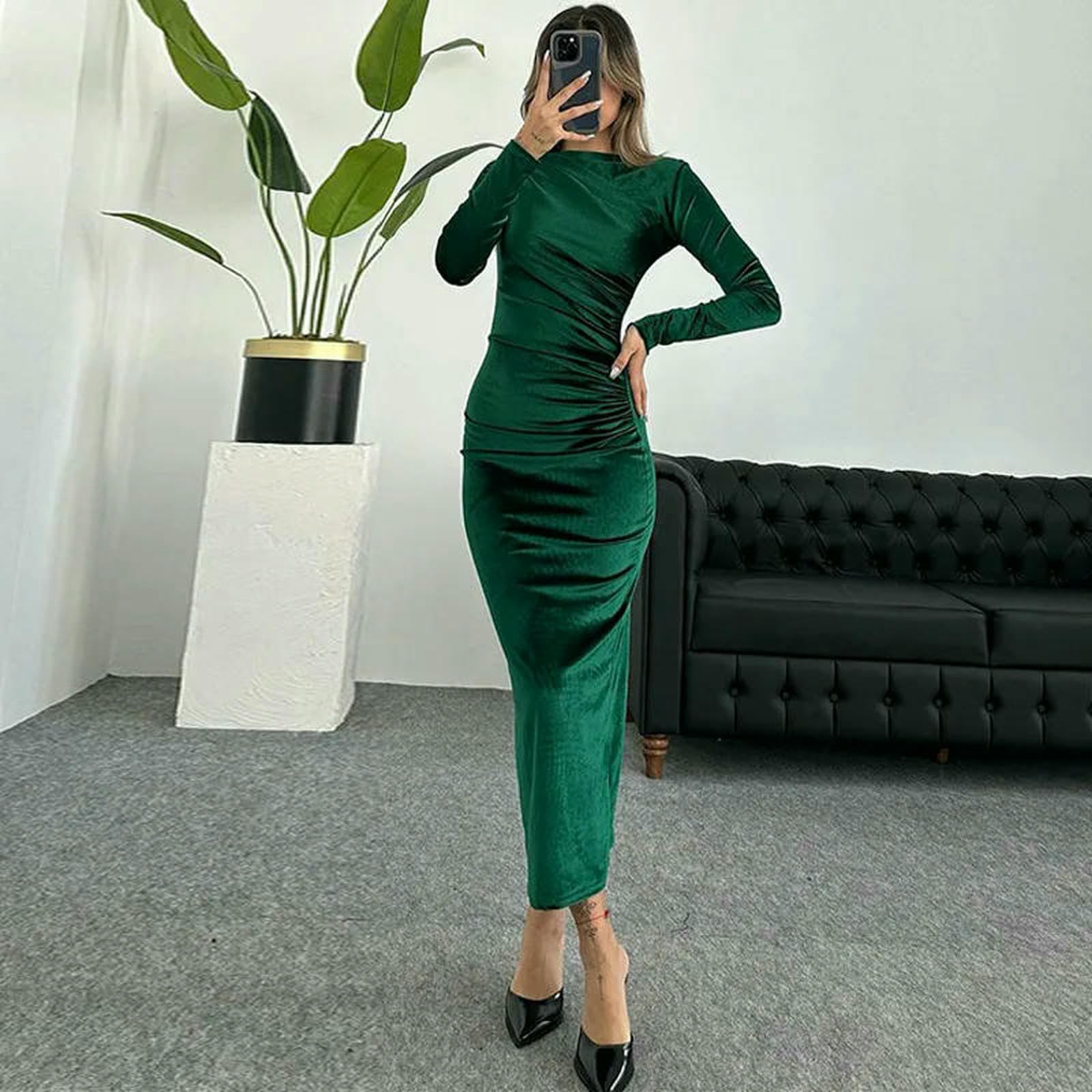 Vestiti a Maniche Lunghe Abito Midi da Donna in Velluto Lunghe, Sera Elegante con Volant per Feste Primaverili, Eventi Formali E Occasioni Speciali-835-blu-l