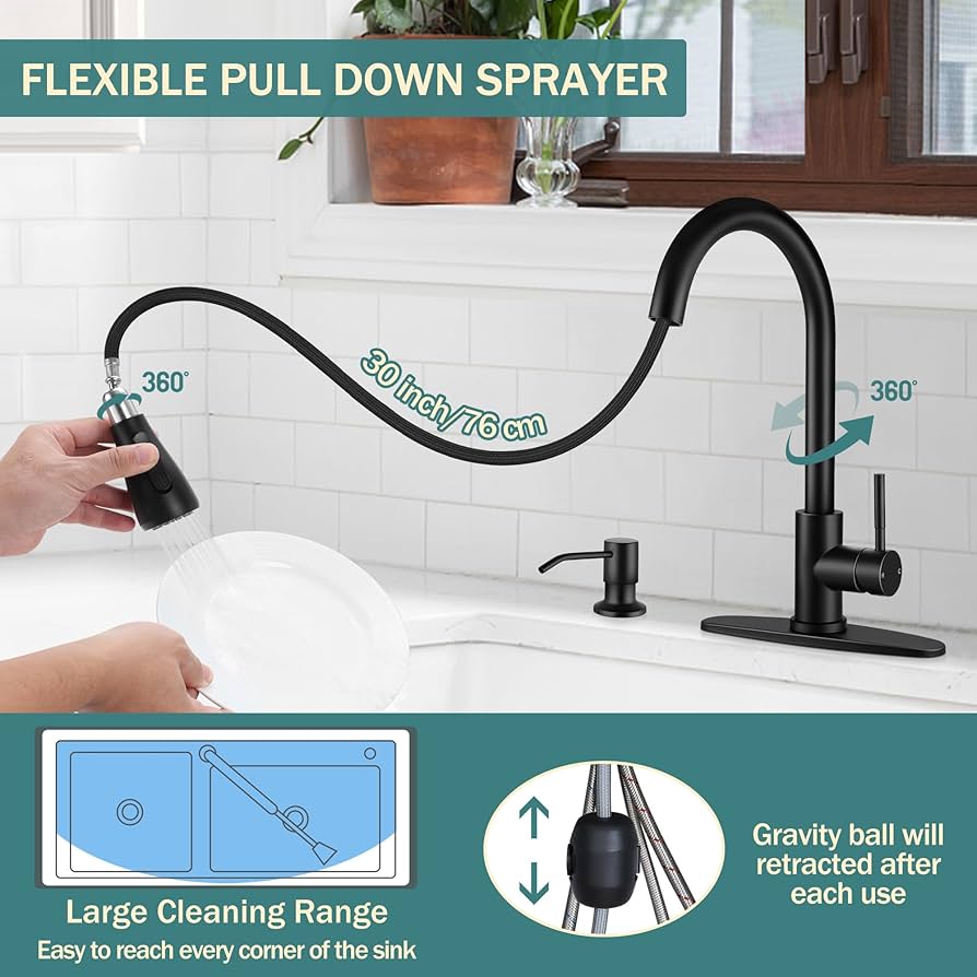 FORIOUS Black Kitchen Faucet With Soap Dispenser And Pull