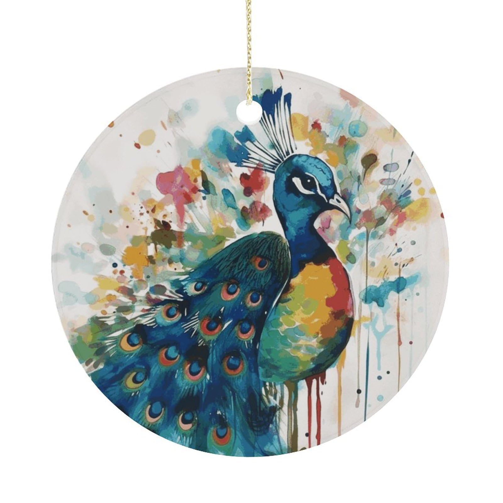 Watercolor Peacock Christmas Ornaments Colorful Round Ceramic Ornament Christmas Hanging Decor Christmas Tree Decorations Xmas Keepsake for Women Men Xmas Holiday Party