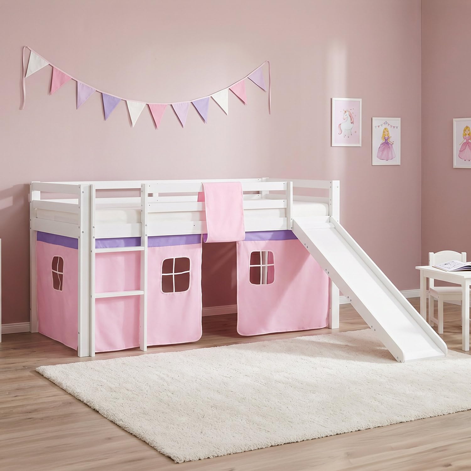 Homestyle4u Kinderbett Hochbett aus Massivem Kiefernholz mit Rutsche Rosa, 90 x 200 cm, Weiß Lackiert, mit Vorhang aus Baumwolle