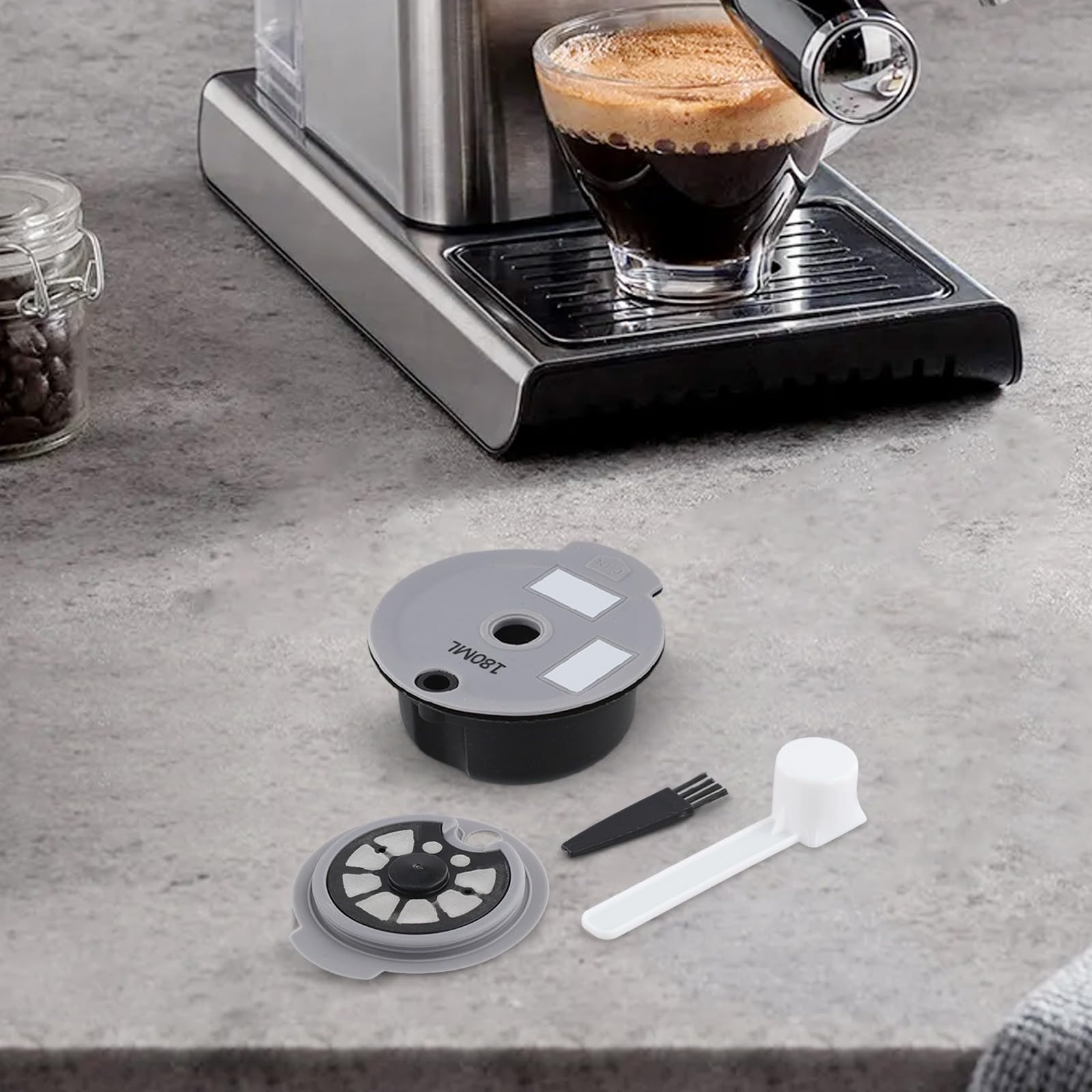 Whychstore Cápsula de café reutilizable para Bosch Tassimo, capacidad de 12 g con tapas de 60 ml y 180 ml, taza recargable gris con cuchara y cepillo