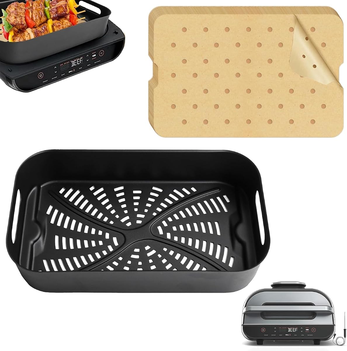 Air Fryer Combo Crisper Basket for Ninja Foodi FG551 Smart XL Indoor Grill Accessories, Non-Stick Air Frying Basket Replacement for Ninja Foodi DG551/DG651, Foodi Air Fryer Basket with 100pcs Paper Liners