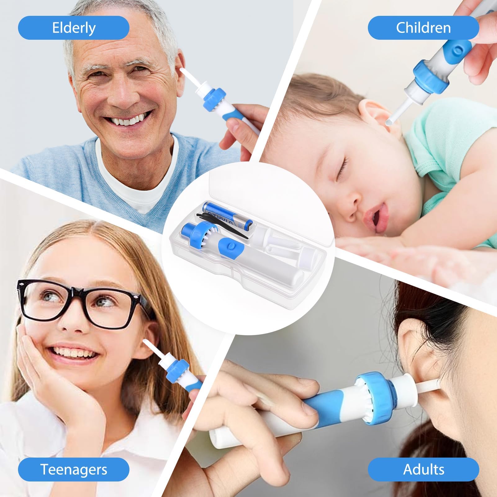 Yuio Aspirateur Oreille Cerumen, Nettoyant Oreille Avec 2 Têtes de Rechange Lavables et Batterie, Électrique Nettoyeur Oreilles Adulte, Appareil De Nettoyage Des Oreilles Pour Bebe Enfants Adulte