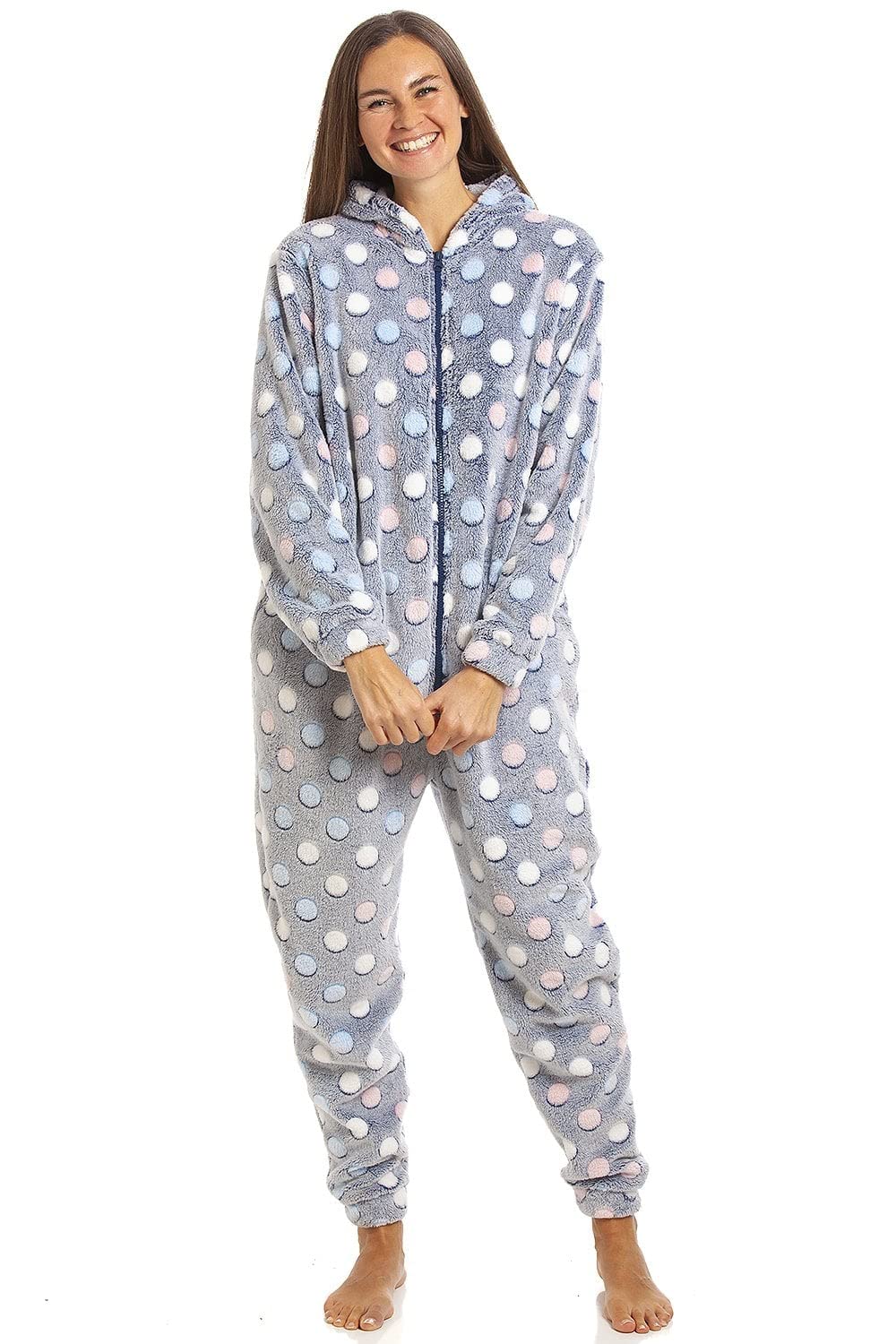Women's Super Soft Fleece Onesie -Multicoloured Spot All In One - Long Sleeved and Side Pockets for Ultimate Comfort & Warmth Grey