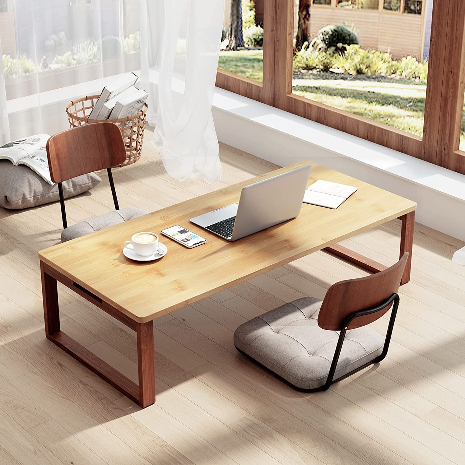 SogesHome mesa Auxiliar de bambú Plegable Mesa de café y té Zen de suelo Mesa de tatami Bahía Retro para Sala de Estar y Dormitorio Patas plegables con piñas