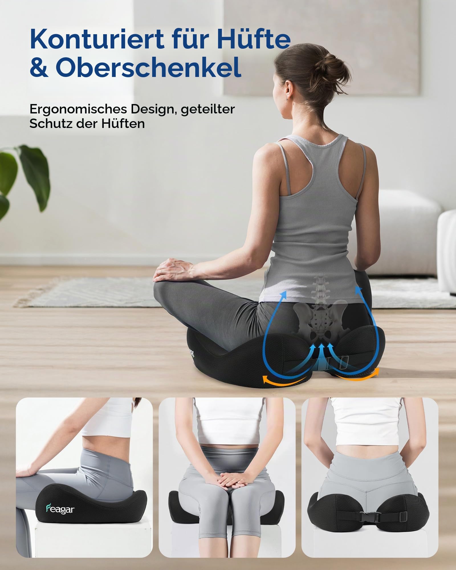 Feagar Ergonomisches Memory-Schaum Sitzkissen Für Bürostuhl (Bis 100kg) | Orthopädisches Steißbeinkissen Für Langem Sitzen, Rutschfest, Rundum-Komfort, Für Autositz, Home Office & Gaming Stuhl