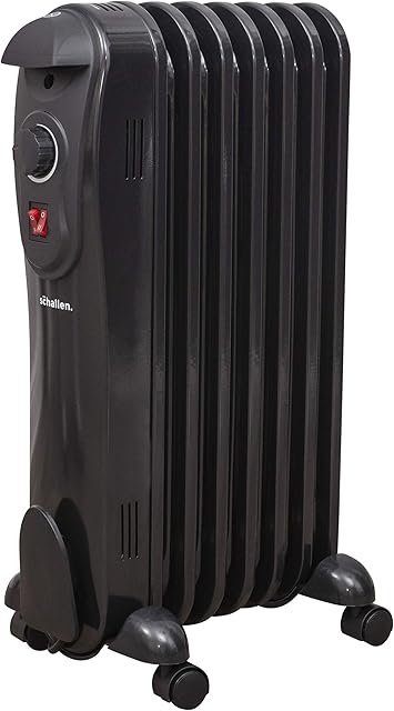 Schallen Black Portable Electric Slim Oil Filled Radiator Heater with Adjustable Temperature Thermostat, 3 Heat Settings & Safety Cut Off (1500W | 7 Fin)