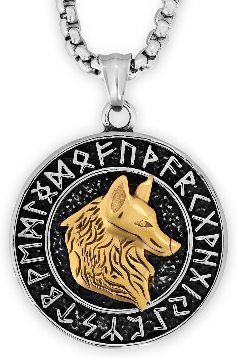 HAQUIL Viking Wolf Necklace, Ancient Runes Medallion with Fenrir Wolf Head Pendant, Viking Jewelry Gift