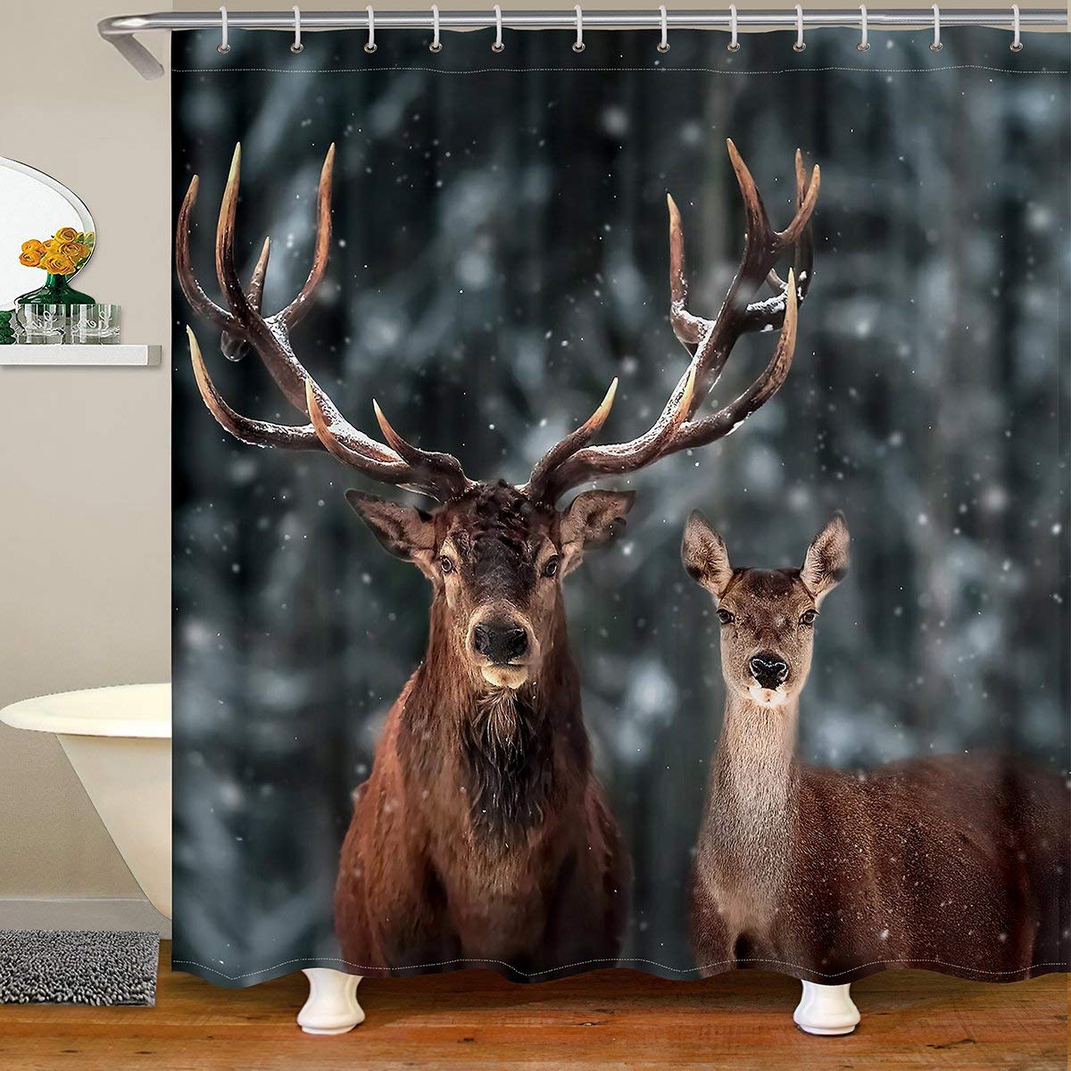 Loussiesd Deer Shower Curtain with Hooks Elk Baby Wild Animal Fabric Bathroom Shower Curtain Boys Girls Winter Wildlife Waterproof Shower Curtains Cute Snow Animal Curtain,180x180cm