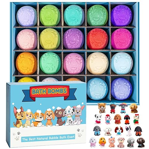 Bombas de baño para niños con sorpresa en el interior, paquete de 20 bombas de baño para niños, juego de regalo de burbujas orgánicas con cachorro